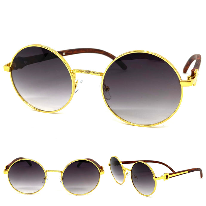 Men's Classy Elegant Luxury Retro Hip Hop Style SUNGLASSES Round Gold & Wooden Frame E0892