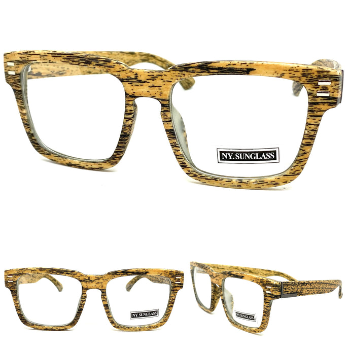 Men's Classic Vintage Retro Style CLEAR LENS EYEGLASSES Large Square Faux Wood Frame 6429