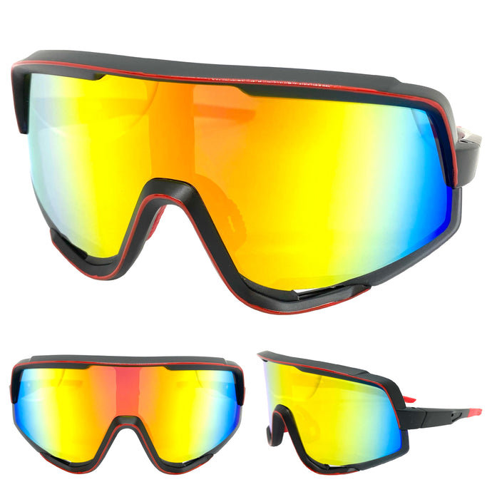 Oversized Retro Sporty Wrap Around Style SUNGLASSES Large Black Frame E1643