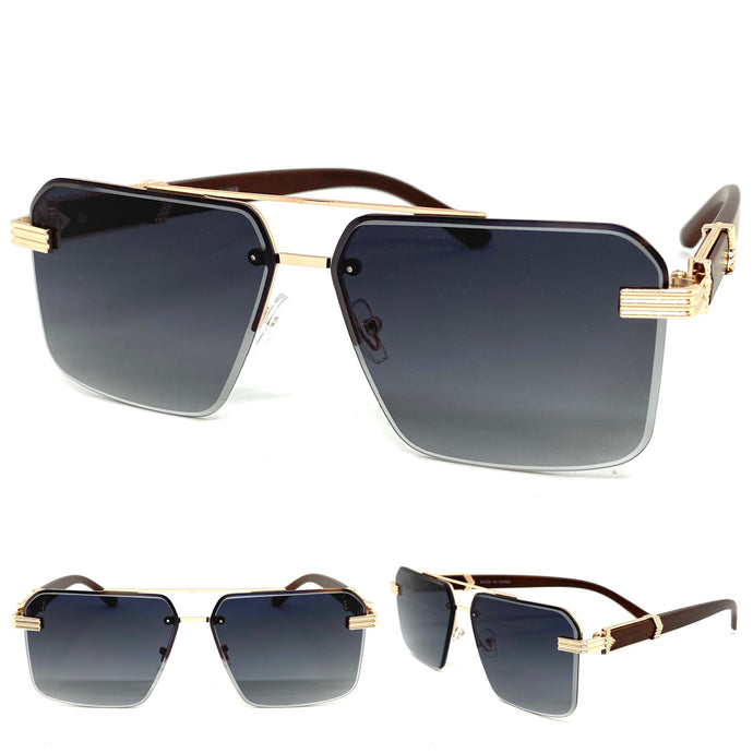 Men's Classy Elegant Luxury Designer Hip Hop Style SUNGLASSES Rose Gold & Faux Wooden Frame 96447