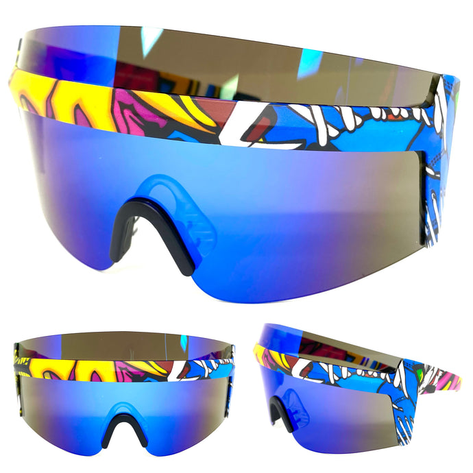 Oversized Retro Face Shield Visor Style SUNGLASSES X-Large Graffiti Frame 80267