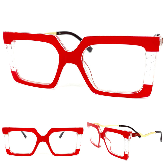 Classy Elegant Modern Retro Style Clear Lens EYEGLASSES Square Red & Gold Optical Frame - RX Capable 9386