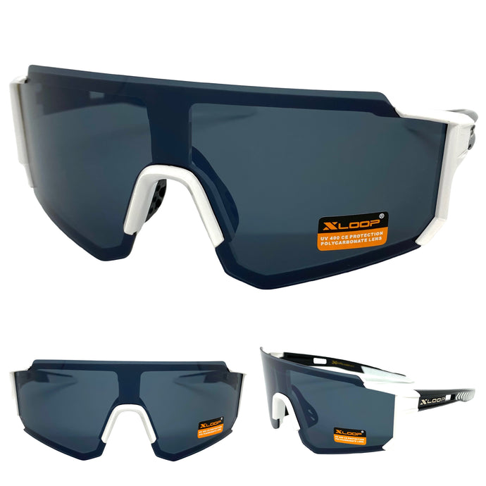 Oversized Retro Sporty Wrap Around Style SUNGLASSES Large White Frame 3633
