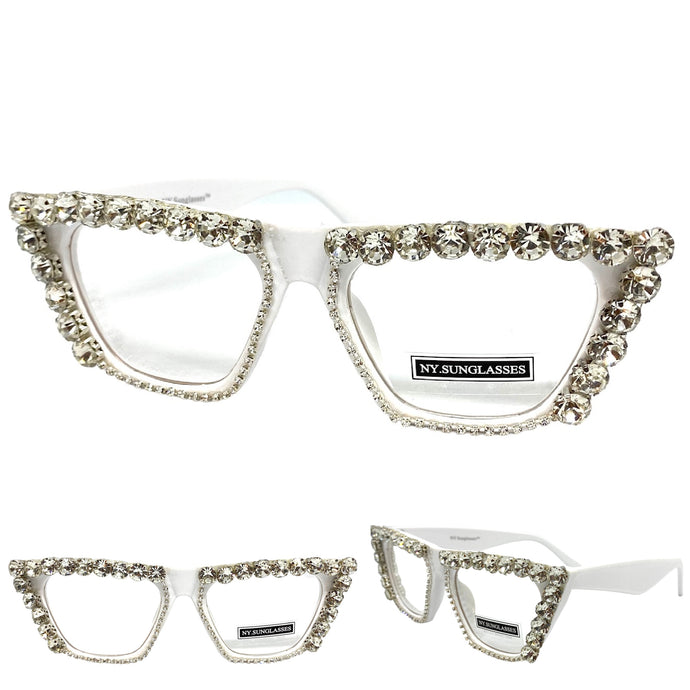 Women's Oversized Retro Cat Eye Style Clear Lens EYEGLASSES Large Funky Bling White Frame 2643