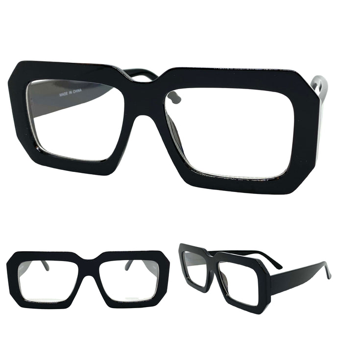 Oversized Vintage Retro Style Clear Lens EYEGLASSES Large Thick Black Optical Frame - RX Capable 81132