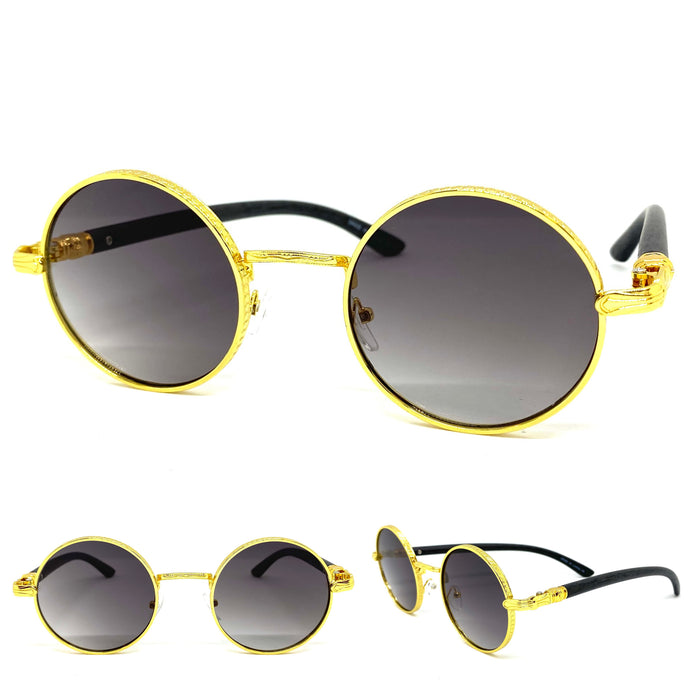 Men's Classy Elegant Luxury Retro Hip Hop Style SUNGLASSES Round Gold & Faux Wooden Frame E0914