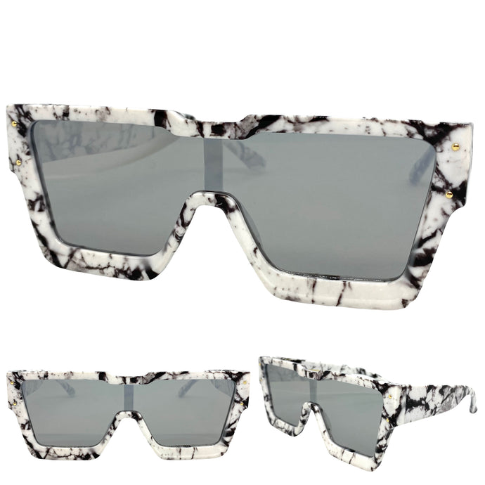 Oversized Luxury Modern Retro Shield Style SUNGLASSES Large Marble Frame 80165