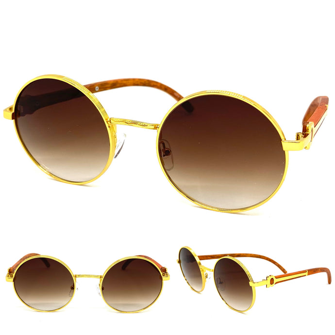 Men's Classy Elegant Luxury Retro Hip Hop Style SUNGLASSES Round Gold & Wooden Frame E0892