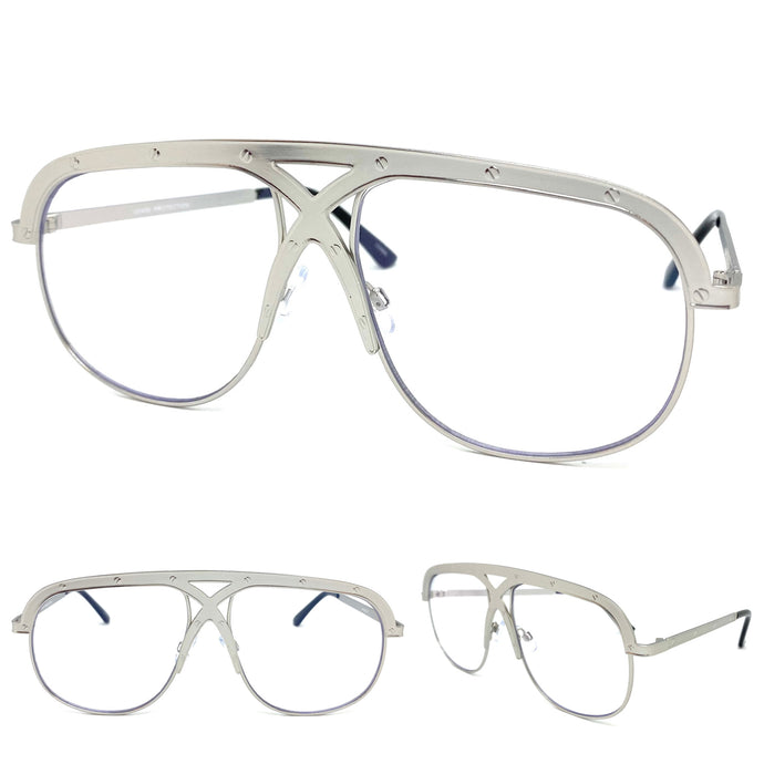 Oversized Exaggerated Retro Aviator Style CLEAR LENS EYEGLASSES Large Silver Frame 4533