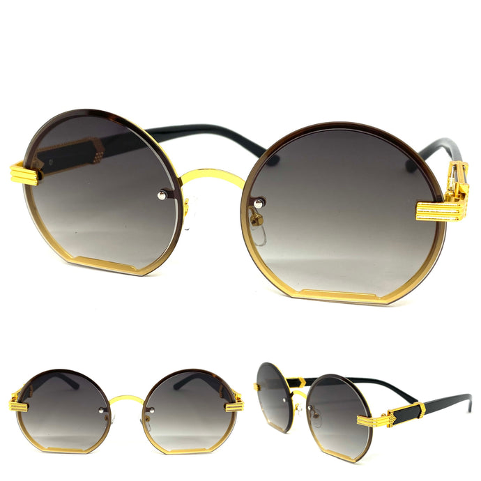 Classy Elegant Luxury Modern Retro Style SUNGLASSES Round Gold Frame 7523