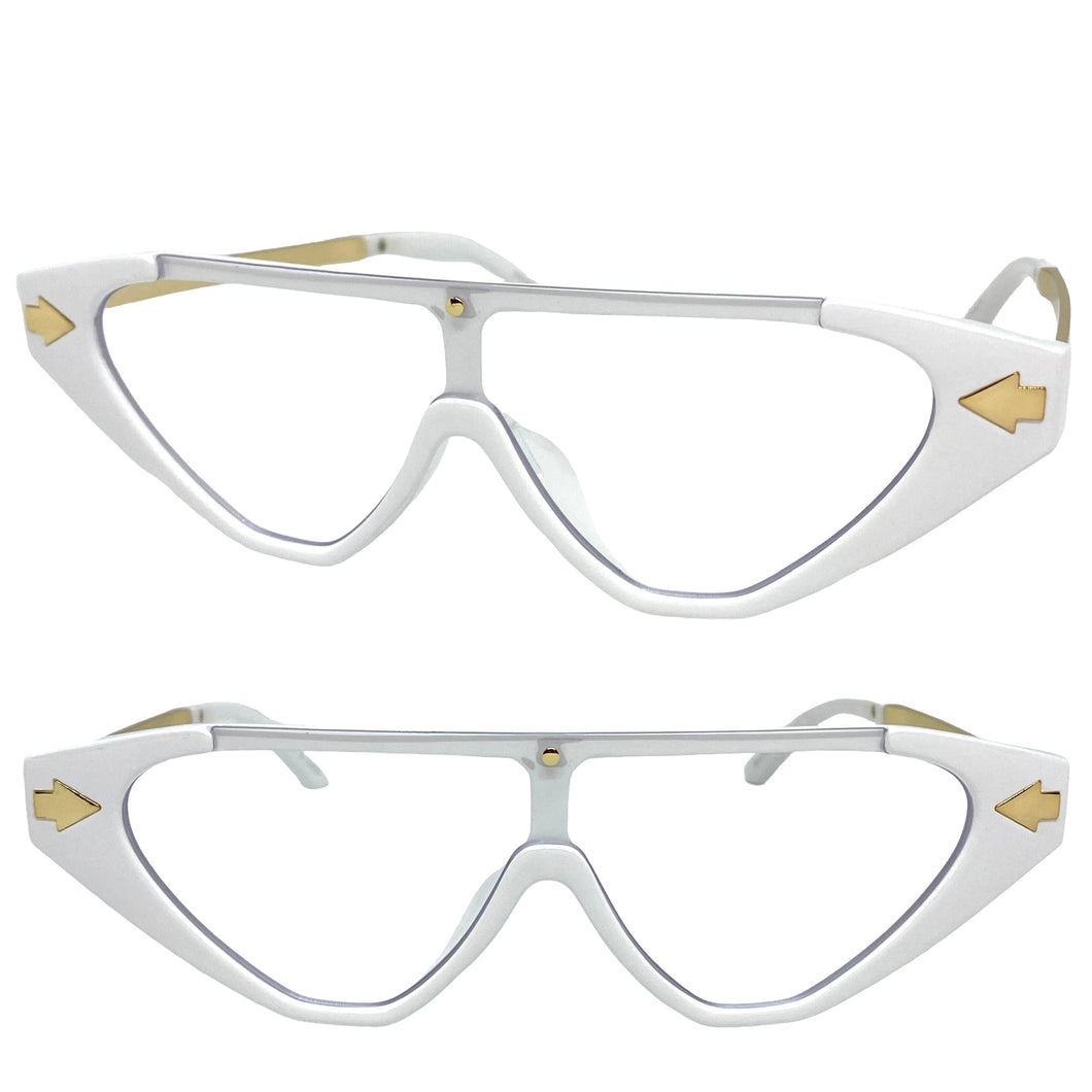 Classy Contemporary Futuristic Modern Shield Style Clear Lens EYE GLASSES White & Gold Frame 96473