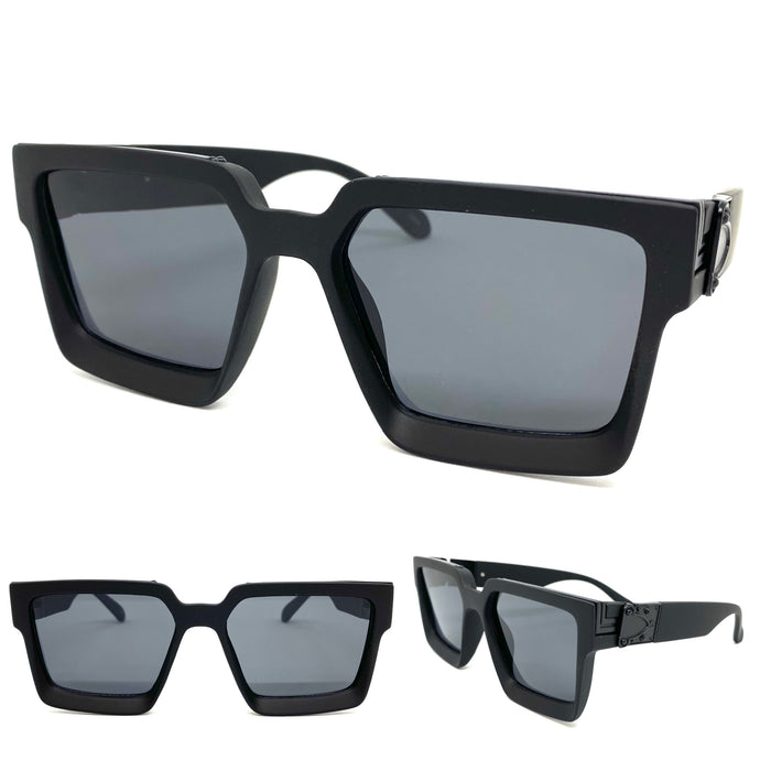 Classic Vintage Retro Style SUNGLASSES Large Square Matte Black Frame 30462