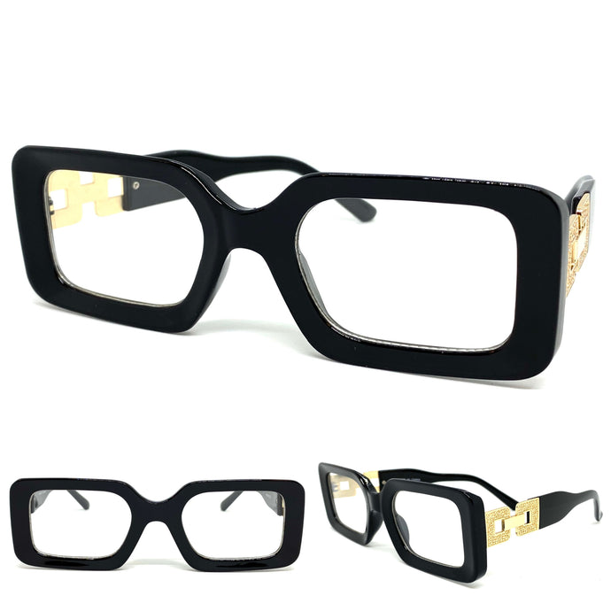 Ladies Classy Modern RETRO Style Clear Lens EYE GLASSES Rectangular Black & Gold Optical Frame RX-Capable 89338