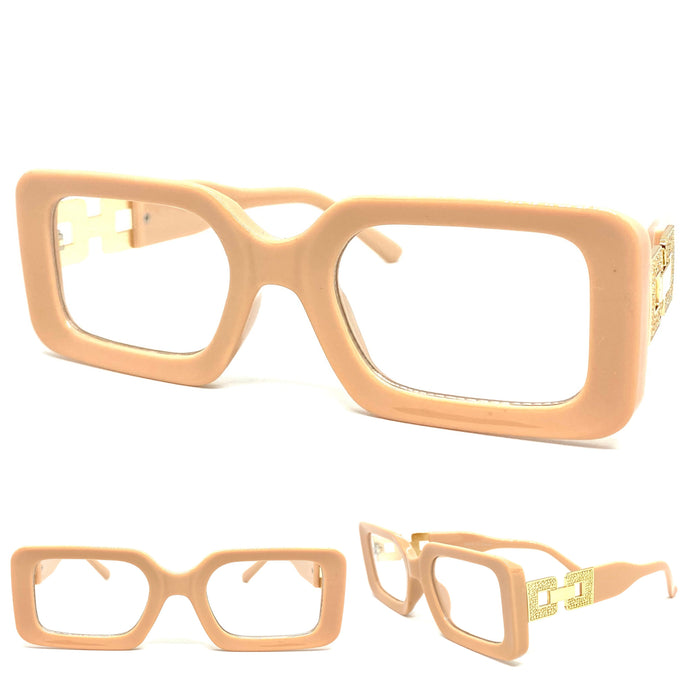 Ladies Classy Modern RETRO Style Clear Lens EYE GLASSES Rectangular Cream & Gold Optical Frame RX-Capable 89338
