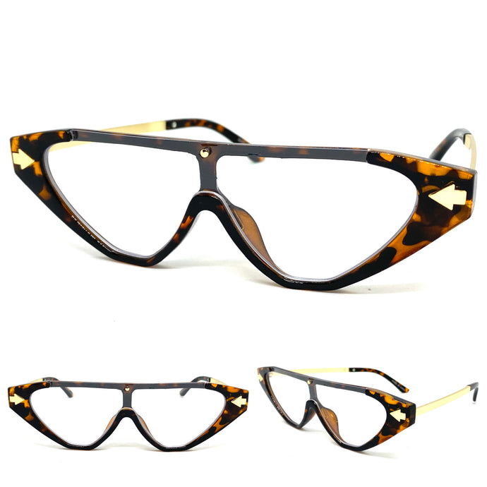 Classy Contemporary Futuristic Modern Shield Style Clear Lens EYE GLASSES Tortoise & Gold Frame 96473