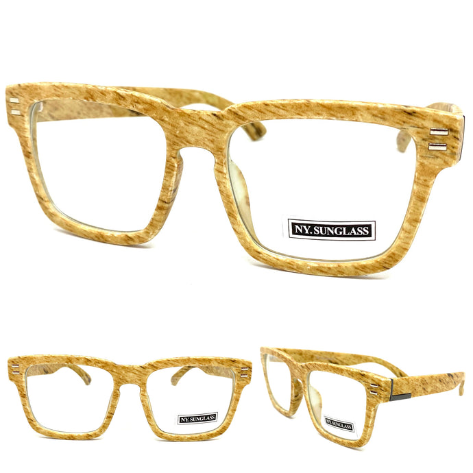 Men's Classic Vintage Retro Style CLEAR LENS EYEGLASSES Large Square Faux Wood Frame 6429
