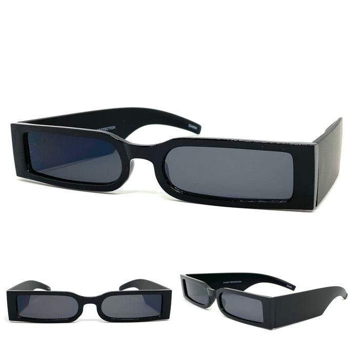Futuristic Modern Retro Style SUNGLASSES Thin Rectangular Black Frame 80217