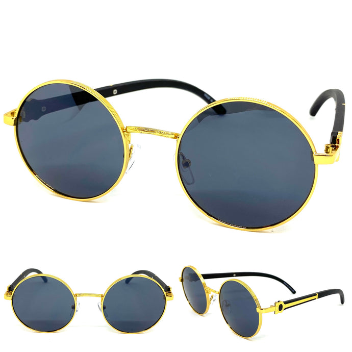 Men's Classy Elegant Luxury Retro Hip Hop Style SUNGLASSES Round Gold & Wooden Frame E0892