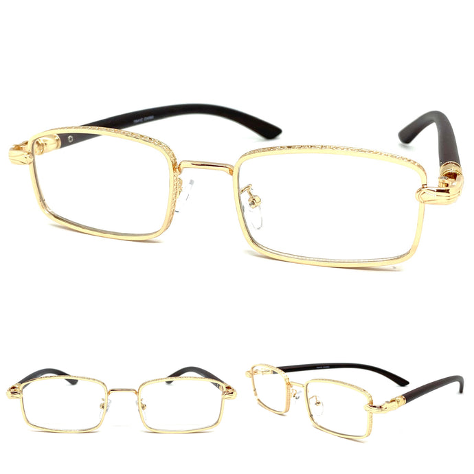 Men's Classy Elegant Luxury Modern CLEAR LENS EYEGLASSES Gold & Faux Wood Frame 7541