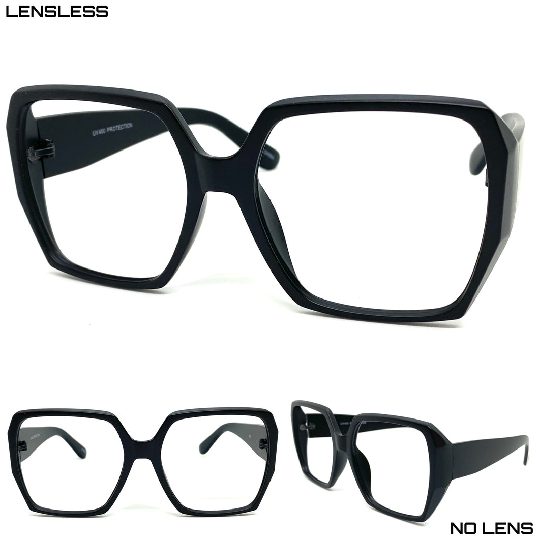 Oversized Classic Retro Style Large Square Matte Black Lensless Eye Glasses- Frame Only NO Lens 7460
