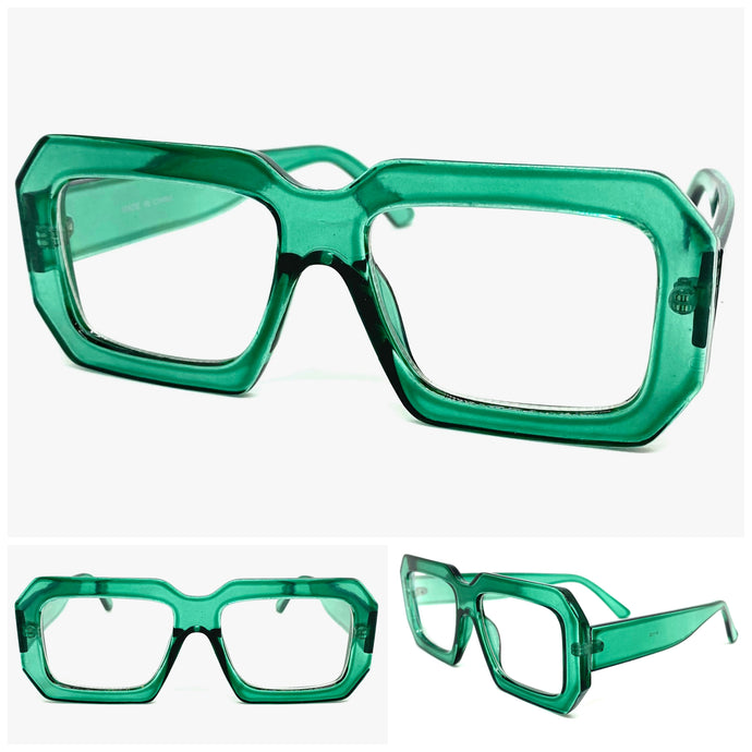 Oversized Vintage Retro Style Clear Lens EYEGLASSES Large Thick Green Optical Frame - RX Capable 81132