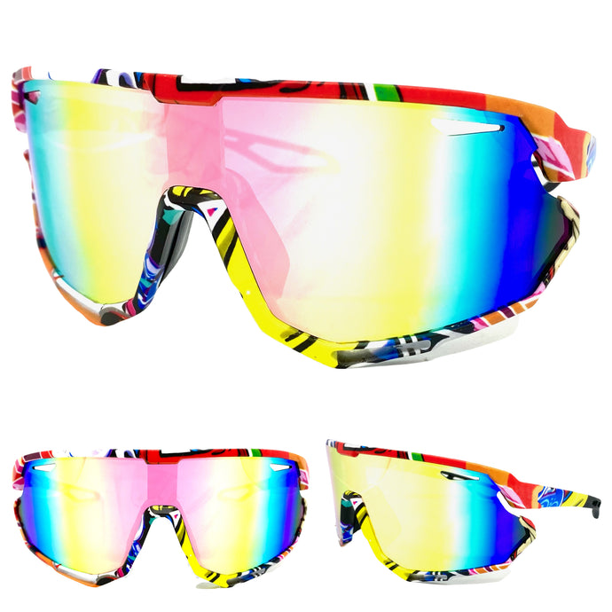 Oversized Retro Sporty Wrap Around Style SUNGLASSES Large Graffiti Frame 5318