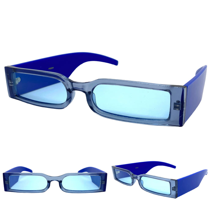 Futuristic Modern Retro Style SUNGLASSES Thin Rectangular Blue Frame 80217