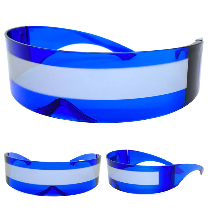 Modern Futuristic Robotic Cyclops Shield Style Party SUNGLASSES - Blue Frame