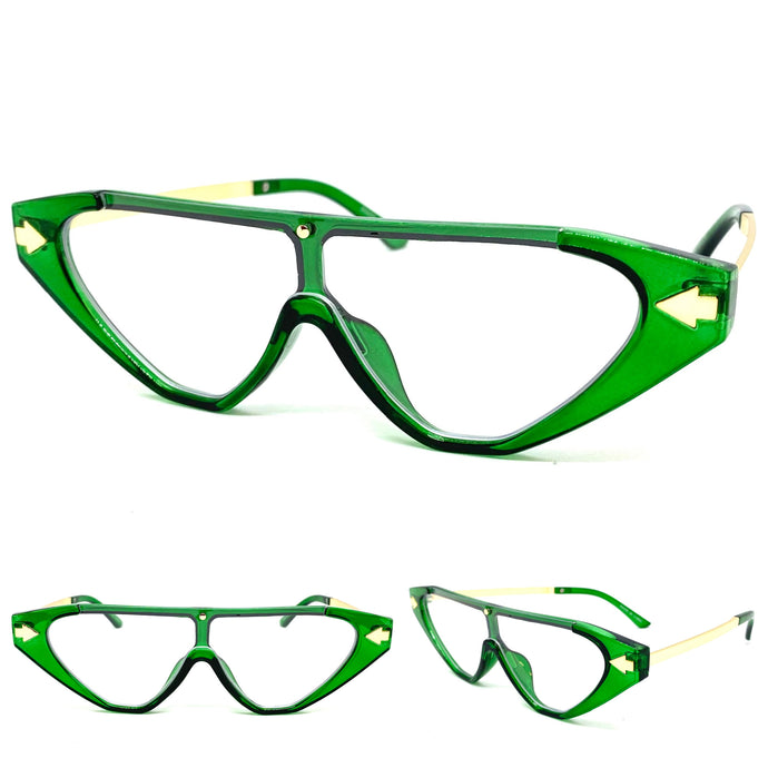 Classy Contemporary Futuristic Modern Shield Style Clear Lens EYE GLASSES Green & Gold Frame 96473