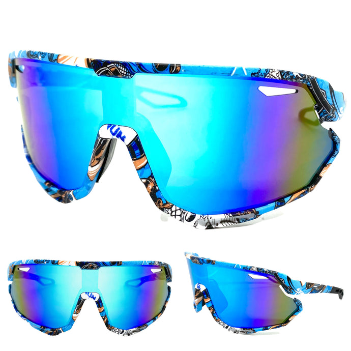 Oversized Retro Sporty Wrap Around Style SUNGLASSES Large Graffiti Frame 5318