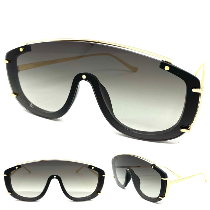 Oversized Classic Luxury Modern Retro Shield Style SUNGLASSES Large Black & Gold Frame 5177