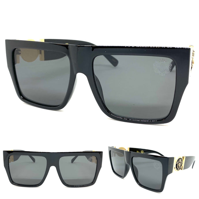 Men's Classy Elegant Luxury Designer Style SUNGLASSES Black Frame with Gold Medallion 4055