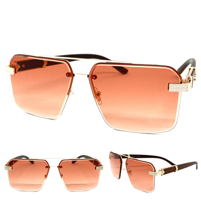Men's Classy Elegant Luxury Designer Hip Hop Style SUNGLASSES Rose Gold & Faux Wooden Frame 96447
