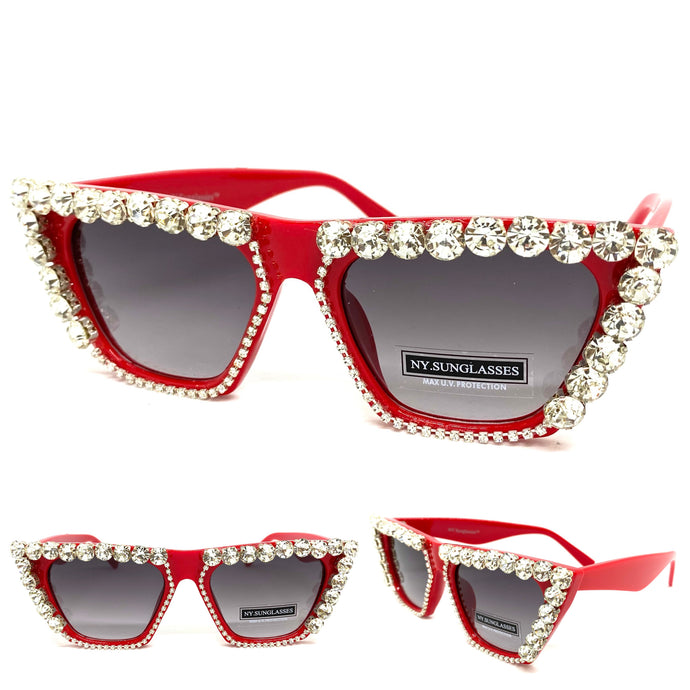 Women's Oversized Retro Cat Eye Style SUNGLASSES Large Funky Bling Red Frame 2643