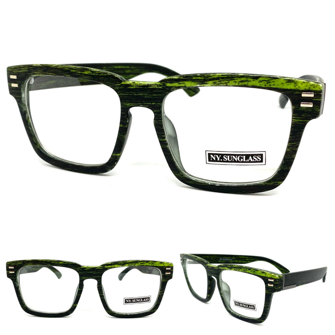 Men's Classic Vintage Retro Style CLEAR LENS EYEGLASSES Large Square Faux Wood Frame 6429