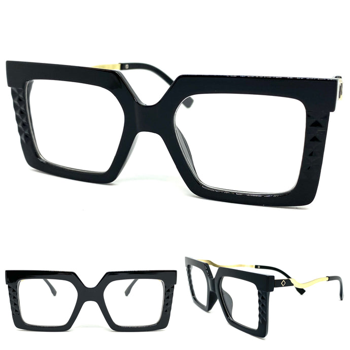 Classy Elegant Modern Retro Style Clear Lens EYEGLASSES Square Black & Gold Optical Frame - RX Capable 9386