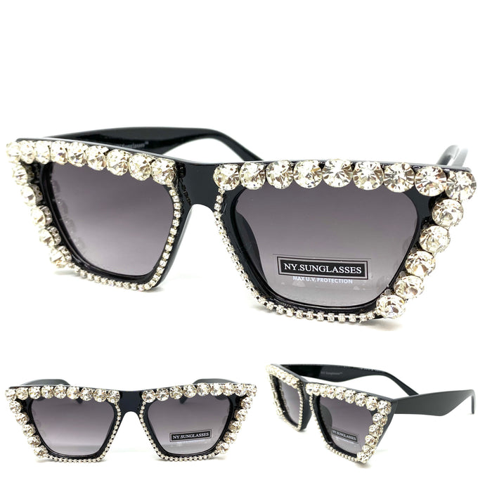 Women's Oversized Retro Cat Eye Style SUNGLASSES Large Funky Bling Black Frame 2643