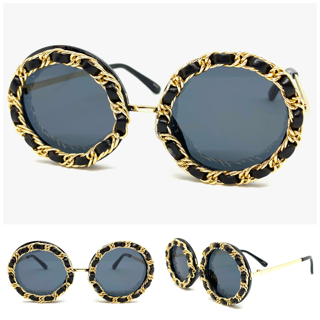 Classy Elegant Vintage Retro Style SUNGLASSES Round Black & Gold Frame 80340