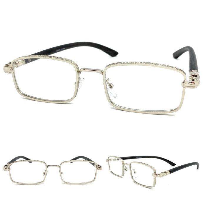 Men's Classy Elegant Luxury Modern CLEAR LENS EYEGLASSES Silver & Faux Wood Frame 7541