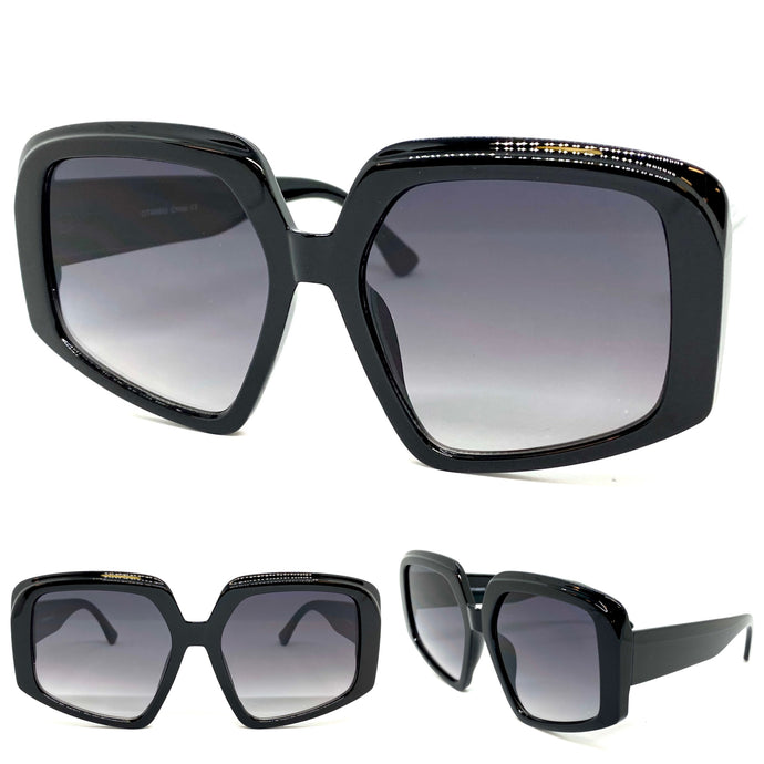 Ladies Oversized Classic Vintage Retro Style SUNGLASSES Huge Geometric Black Frame 48665