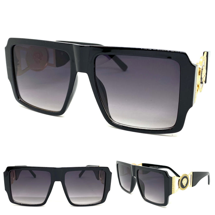 Men's Classy Elegant Luxury Designer Style SUNGLASSES Black Frame with Gold Medallion 58775