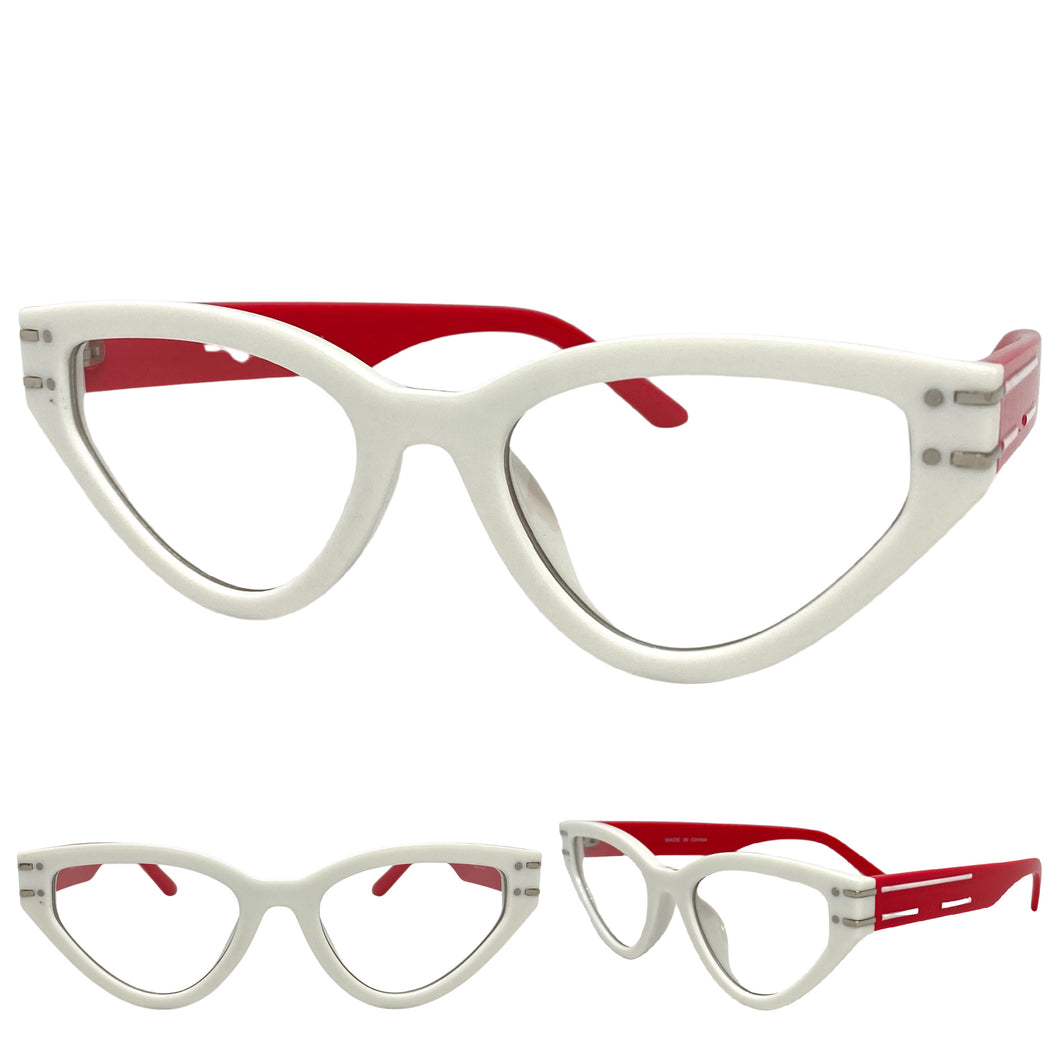 Women's Classic Modern RETRO Cat Eye Style Clear Lens EYE GLASSES White & Red RX-Capable Optical Fashion Frame 89337