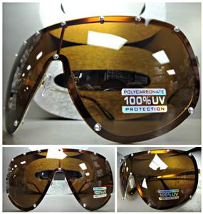 Oversized Shield POLARIZED Lens Sunglasses- Brown & Gold