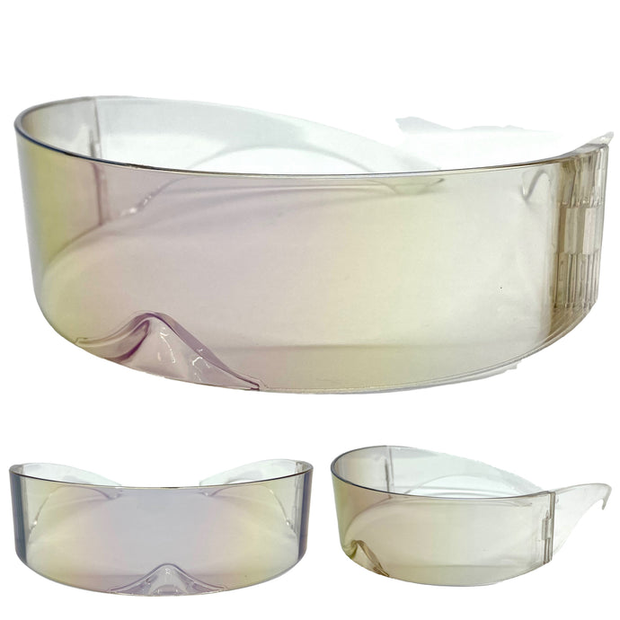 Modern Futuristic Robotic Cyclops Shield Style Party SUNGLASSES - Clear Frame Iridescent Lens