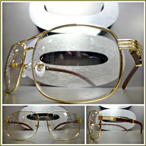 Rectangle Gold & Wooden Clear Lens Glasses Fashion Frames