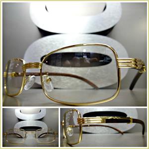 Gold Metal Rectangle Clear Lens Wooden Glasses