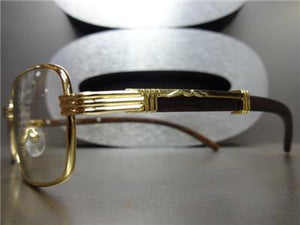 Gold Metal Rectangle Clear Lens Wooden Glasses