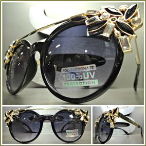 Trendy Crystal Embellished Sunglasses- Black & Gold