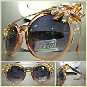 Trendy Crystal Embellished Sunglasses- Amber & Gold