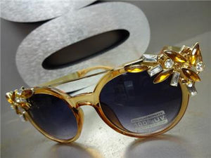 Trendy Crystal Embellished Sunglasses- Amber & Gold